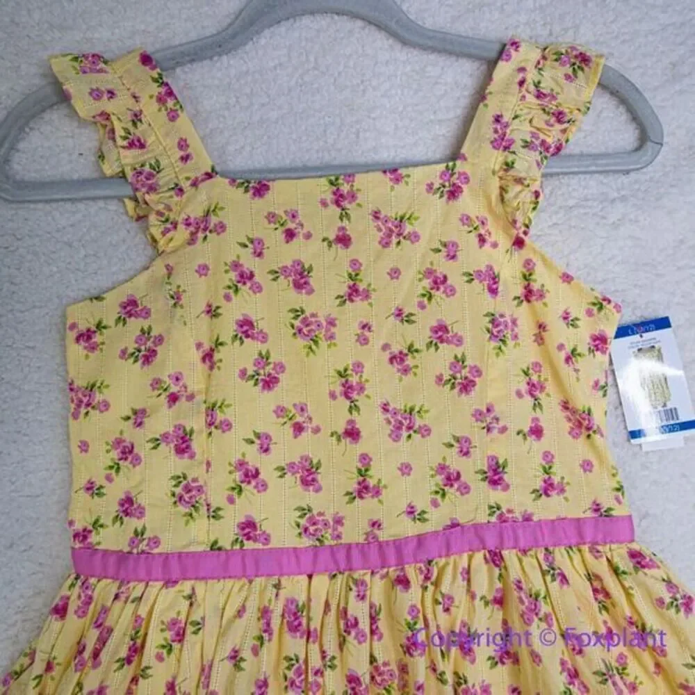 New! Zunie Girl Cotton Floral‎ fit and flare Knee-Length Dress yellow , size L